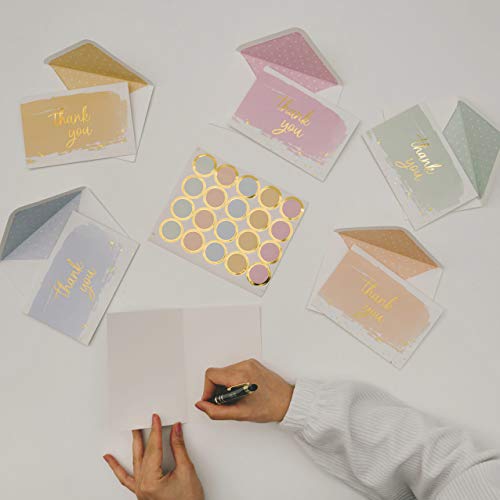 100 Watercolor & Gold Foil Thank You Cards w/Envelopes & Stickers, Bulk Boxed Set Assortment of Modern & Pretty Pastel Rainbow Notes, Assorted Unique & Elegant Cards Pack for Wedding/Baby Shower