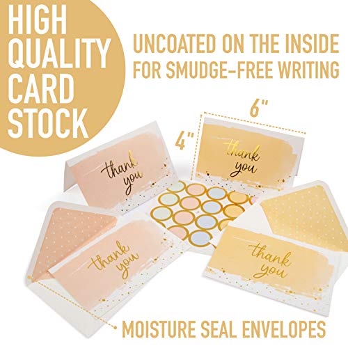 100 Watercolor & Gold Foil Thank You Cards w/Envelopes & Stickers, Bulk Boxed Set Assortment of Modern & Pretty Pastel Rainbow Notes, Assorted Unique & Elegant Cards Pack for Wedding/Baby Shower