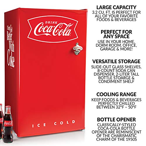 Nostalgia Coca-Cola CRF32CK 3.2 Cu. Ft. Refrigerator With Freezer Adjustable Temperature Cools as low as 32 Degrees, Bottle Opener, Ice Cube Tray, Scraper Included, Red