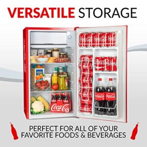 Nostalgia Coca-Cola CRF32CK 3.2 Cu. Ft. Refrigerator With Freezer Adjustable Temperature Cools as low as 32 Degrees, Bottle Opener, Ice Cube Tray, Scraper Included, Red