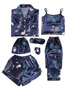 shein women's 7pcs pajama set cami pjs with shirt and eye mask royal blue medium