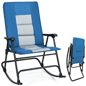giantex camping rocking chair fold-able oversized with padded armrest and seat folding lawn chair 350 lbs weight capacity for outdoor, patio, lawn, backyard, garden portable chair (1, blue)