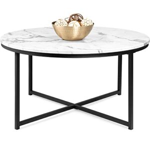 best choice products 36in faux marble accent table, modern end table, large coffee table home decor for living room, dining room, tea, coffee w/metal frame, foot caps, designer - white/black