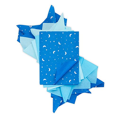Moon and Stars Gift Wrap Tissue Paper for Bags, 3 Blue Colors (20x26 in, 60 Sheets)