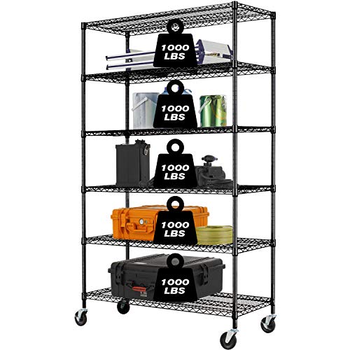 HCB 6-Tier Storage Shelf Heavy Duty Wire Shelving Unit 76"x48"x18" Height Adjustable Metal Steel Wire with Casters for Restaurant Garage Pantry Kitchen Rack (Black)