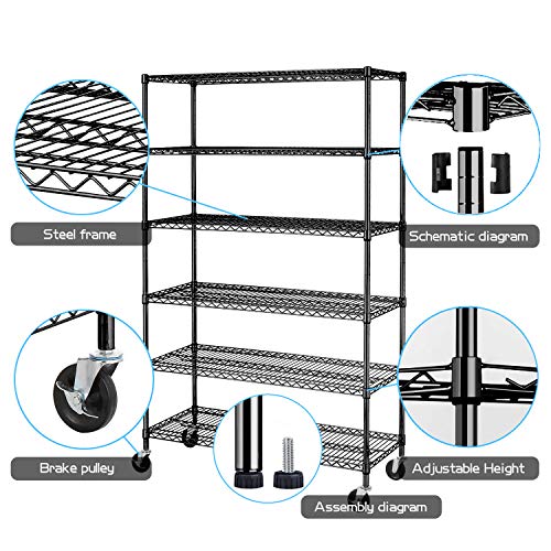 HCB 6-Tier Storage Shelf Heavy Duty Wire Shelving Unit 76"x48"x18" Height Adjustable Metal Steel Wire with Casters for Restaurant Garage Pantry Kitchen Rack (Black)