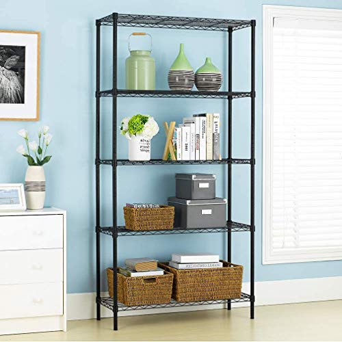 Black 5 Tier Shelf Wire Shelving Unit NSF Wire Shelf Metal Large Storage Shelves Heavy Duty Height Adjustable Utility for Garage Kitchen Office Commercial Shelving Steel Layer Shelf - (72"x36"x14")