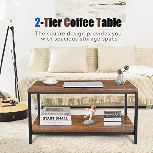 ZenStyle Industrial Coffee Table with Storage Shelf for Living Room, Wood Look Accent Furniture with Vintage Wooden Board Stable Metal Frame Cocktail Table 2-Tier Tea Table, Rustic Brown