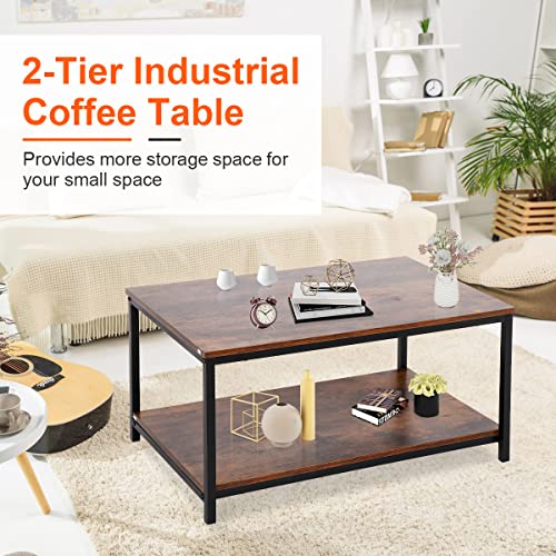 ZenStyle Industrial Coffee Table with Storage Shelf for Living Room, Wood Look Accent Furniture with Vintage Wooden Board Stable Metal Frame Cocktail Table 2-Tier Tea Table, Rustic Brown