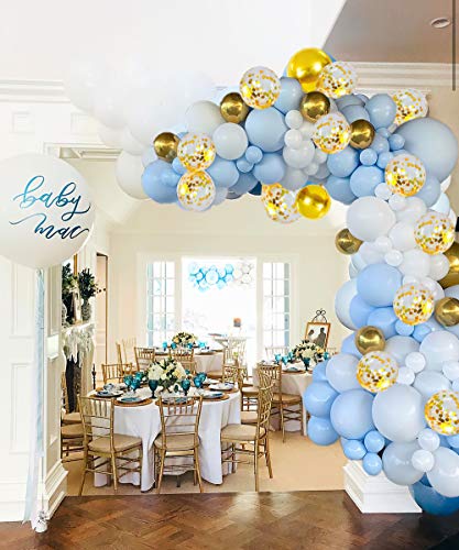 Blue and White Gold Balloons,Blue White Gold Balloon Garland Arch Kit Metallic Chrome God Ballons with Macaroon Blue White Latex Balloons for Wedding Bridal Shower Party Baby Shower Decoration