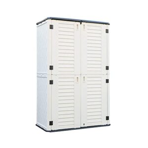 addok outdoor storage cabinet waterproof,outdoor storage sheds with floor, double-layer storage shed for patios/generator/long-handled tools (off-white/52 cu.ft)