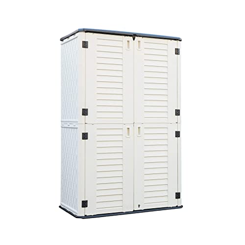 ADDOK Outdoor Storage Cabinet Waterproof,Outdoor Storage Sheds with Floor, Double-Layer Storage Shed for Patios/Generator/Long-Handled Tools (Off-White/52 Cu.Ft)