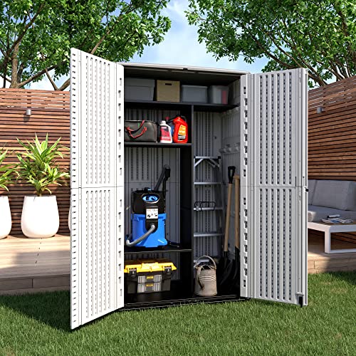 ADDOK Outdoor Storage Cabinet Waterproof,Outdoor Storage Sheds with Floor, Double-Layer Storage Shed for Patios/Generator/Long-Handled Tools (Off-White/52 Cu.Ft)