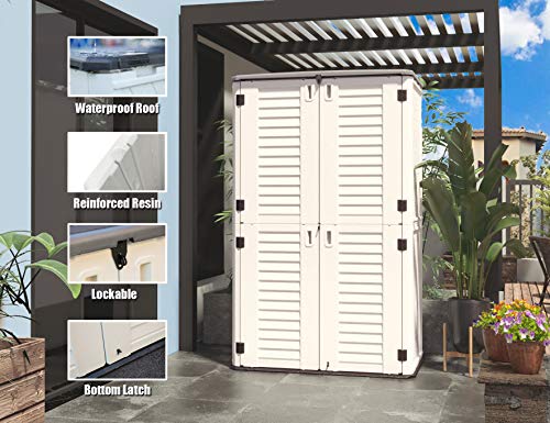 ADDOK Outdoor Storage Cabinet Waterproof,Outdoor Storage Sheds with Floor, Double-Layer Storage Shed for Patios/Generator/Long-Handled Tools (Off-White/52 Cu.Ft)