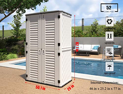 ADDOK Outdoor Storage Cabinet Waterproof,Outdoor Storage Sheds with Floor, Double-Layer Storage Shed for Patios/Generator/Long-Handled Tools (Off-White/52 Cu.Ft)