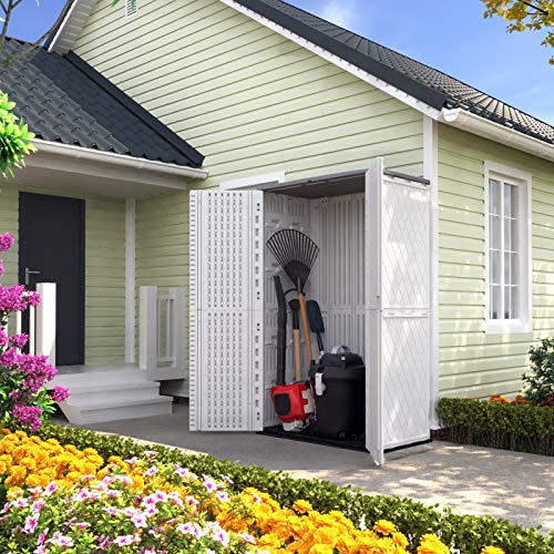 ADDOK Outdoor Storage Cabinet Waterproof,Outdoor Storage Sheds with Floor, Double-Layer Storage Shed for Patios/Generator/Long-Handled Tools (Off-White/52 Cu.Ft)