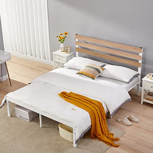 GreenForest Queen Bed Frame with Wooden Headboard Platform Bed with Metal Support Slats NO-Noise Heavy Duty Bed Industrial Country Style with 9 Strong Legs, No Need Box Spring, Queen