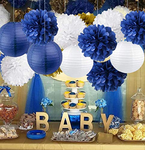 Kubert Outer Space Birthday Party Decorations 1st Birthday Boy Prince Party Decorations with Navy Silver Tissue Pom Poms Decorations Happy Birthday Banner Navy Blue Glitter Silver Paper Star Garlands