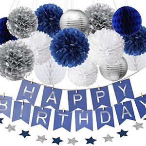 Kubert Outer Space Birthday Party Decorations 1st Birthday Boy Prince Party Decorations with Navy Silver Tissue Pom Poms Decorations Happy Birthday Banner Navy Blue Glitter Silver Paper Star Garlands