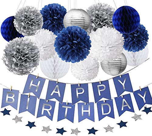 Kubert Outer Space Birthday Party Decorations 1st Birthday Boy Prince Party Decorations with Navy Silver Tissue Pom Poms Decorations Happy Birthday Banner Navy Blue Glitter Silver Paper Star Garlands