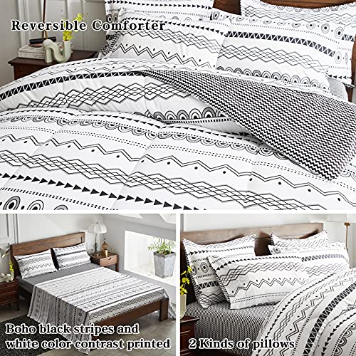 Flysheep Boho Bed in a Bag 7 Pieces Queen Size, Black and White Bohemian Geometric Reversible Bed Comforter Set for All Season(1 Comforter, 1 Flat Sheet, 1 Fitted Sheet, 2 Pillow Shams, 2 Pillowcases)