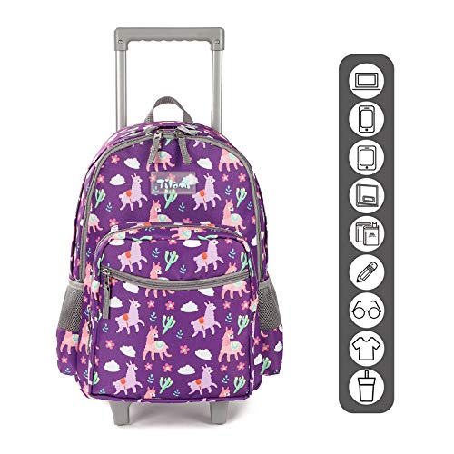 Tilami Rolling Backpack 18 inch Double Handle Wheeled Laptop Boys Girls Travel School Children Luggage Toddler Trip, Purple Alpaca