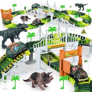 dinosaur tracks, 185 pcs create a dinosaur world road race for kids boys toys flexible train tracks set and 2 cool dinosaurs cars dinosaur toys for age 3 4 5 6 7 8 year & up old boy girls best gift