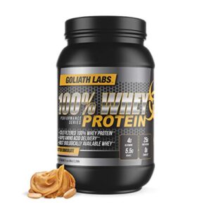 goliath labs 100% whey protein powder isolate/blend | fast-absorbing workout supplements for men and women | 25g of pure protein and 5.5g of bcaas | 5 lbs, 68 servings (5 lb, peanut butter chocolate)
