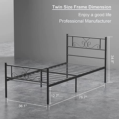 Weehom Twin Size Bed Frame with Headboard Black Platform Bed Standard Steel Bed for Kids Girls Boys No Box Spring Needed