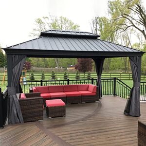 purple leaf 10' x 14' permanent hardtop gazebo aluminum gazebo with galvanized steel double roof for patio lawn and garden, curtains and netting included, grey