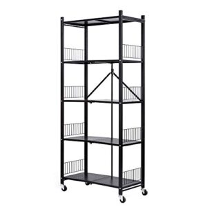 jaq foldable storage shelves unit,5-tier folding shelf rack organizer cart with rolling wheels for temporary or mobile storage in garage kitchen warehouse patio plants basement ( black,5-tier)