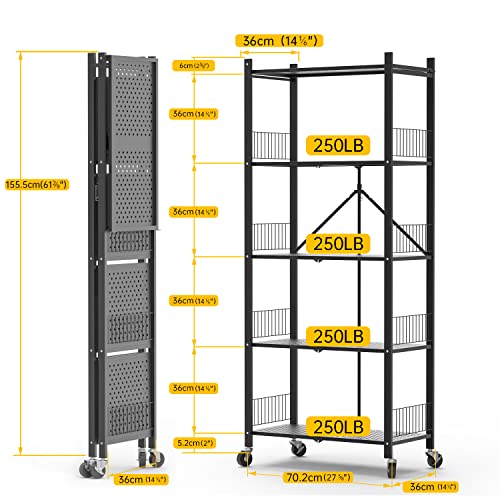 JAQ Foldable Storage Shelves Unit,5-Tier Folding Shelf Rack Organizer Cart with Rolling Wheels for Temporary or Mobile Storage in Garage Kitchen Warehouse Patio Plants Basement ( Black,5-Tier)