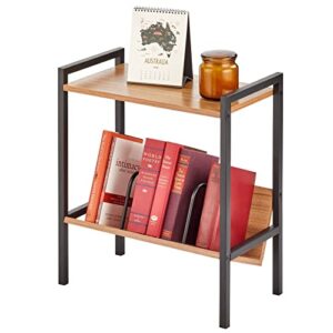 mdesign metal side table with book shelf organizer - 2-tier - use in bathroom, kitchen, entryway, hallway, mudroom, bedroom, laundry room - black/nordic walnut
