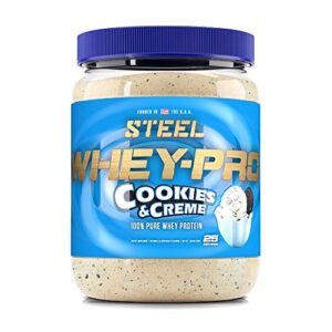 steel supplements whey-pro | 100% pure whey protein powder for men and women | cookies & creme | muscle gain & lean muscle recovery | 1.59 lbs | bcaa 5g | non-gmo | 25 servings