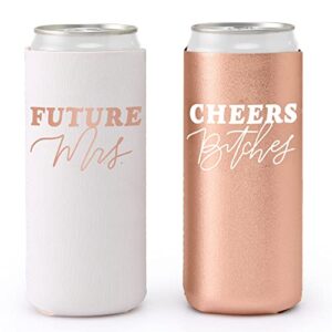 xo, fetti bachelorette party cheers and future mrs slim can cooler - white + rose gold, 10 ct | drink sleeve, bridal shower can holder, engagement party decoration and bride to be gift