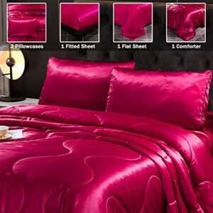 Sisher 5Pcs Silk Comforter Set Queen Bedding Set Red Satin Silky Soft Bed in A Bag Luxury Quilt Comforter&Sheets (1 Comforter, 2 Pillowcases, 1 Flat Sheet, 1 Fitted Sheet)