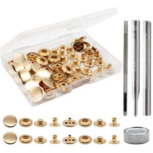 12 sets heavy duty leather snap fasteners kit, 15mm metal snap buttons kit press studs with 4 install tools, leather rivets and snaps for clothing, leather, jeans, jackets, bracelets, bags (gold)