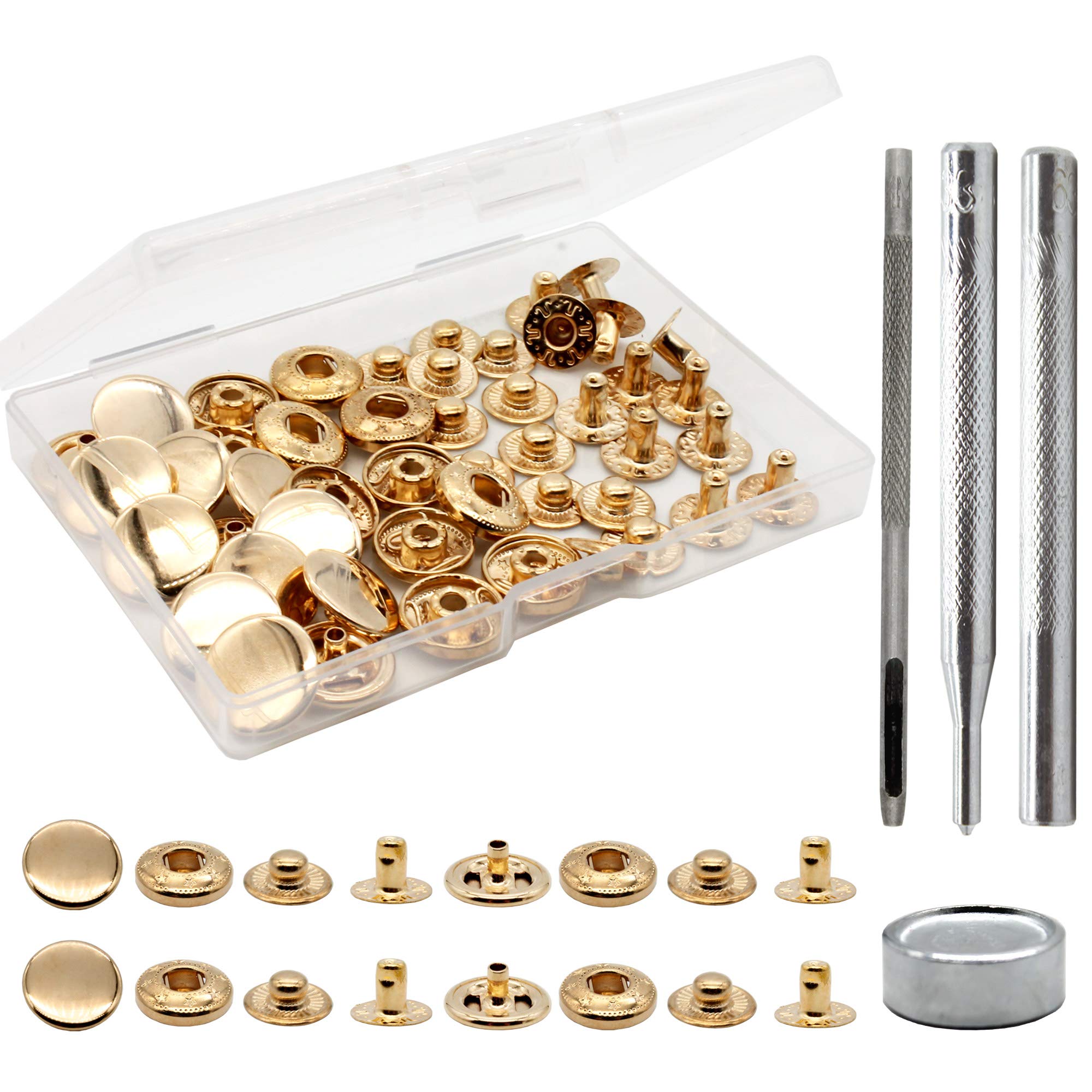 12 Sets Heavy Duty Leather Snap Fasteners Kit, 15mm Metal Snap Buttons Kit Press Studs with 4 Install Tools, Leather Rivets and Snaps for Clothing, Leather, Jeans, Jackets, Bracelets, Bags (Gold)