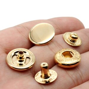 12 Sets Heavy Duty Leather Snap Fasteners Kit, 15mm Metal Snap Buttons Kit Press Studs with 4 Install Tools, Leather Rivets and Snaps for Clothing, Leather, Jeans, Jackets, Bracelets, Bags (Gold)
