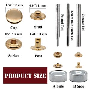 12 Sets Heavy Duty Leather Snap Fasteners Kit, 15mm Metal Snap Buttons Kit Press Studs with 4 Install Tools, Leather Rivets and Snaps for Clothing, Leather, Jeans, Jackets, Bracelets, Bags (Gold)