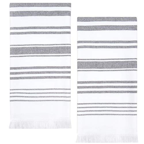 Hand Towels for Bathroom Set of 2, 100% Cotton, 28x16 in, Turkish White Soft and Absorbent Decorative Bath Hand Towels, Modern Gray Striped Towels