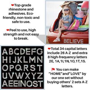 Locacrystal 34Pcs Bling Rhinestone Alphabet Letter Stickers, A-Z Letters Self-Adhesive hotfix Crystal Rhinestones Word Stickers for Cars Arts Crafts Clothing DIY Decoration(White/Silver)