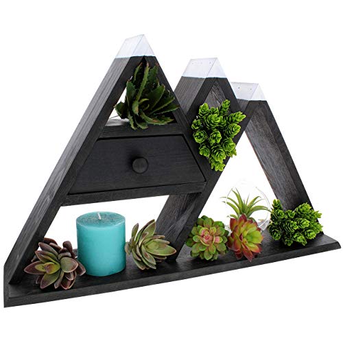 Rustic Curiosities Large Mountain Shelf - 20X12X4.5 Inch Crystal Display Shelf for Succulents, Plants, Essential Oils, Includes Pull Out Drawer, Extra Wide Base Crystal Holder (Black)