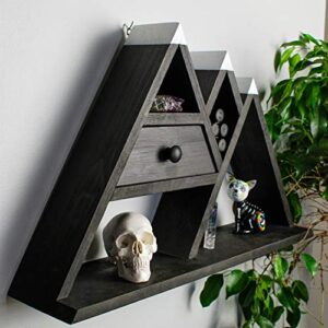 Rustic Curiosities Large Mountain Shelf - 20X12X4.5 Inch Crystal Display Shelf for Succulents, Plants, Essential Oils, Includes Pull Out Drawer, Extra Wide Base Crystal Holder (Black)