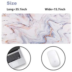 Extended Gaming Mouse Pad XXL ArtSo Large Keyboard Mat Long Mousepad Desk Decor Writing Pad Non Slip Rubber Base Stitched Edges for Work, Game, Office, Home, 35.1" x 15.7", White Gold Marble