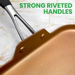 NutriChef Nonstick Kitchen Cookware Set Copper Non-Stick Coating Inside, Hard-Anodized Look Heat Resistant Lacquer Outside, Silicone Handle NCSQPA, 1 Griddle