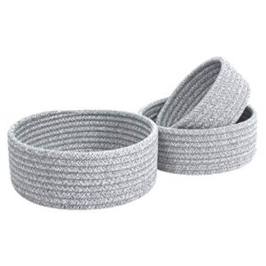 mintwood design set of 3 cotton rope nesting bowls, small catch all basket, cute closet baskets and bins for shelves, mini table basket organizer for small accessories, light gray mix