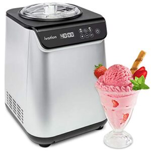 ivation automatic ice cream maker machine, no pre-freezing necessary with built-in compressor, stainless steel gelato maker, lcd screen, digital timer, removable bowl, clear lid