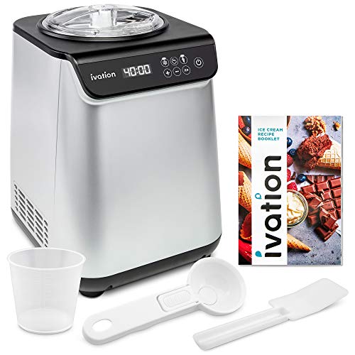 Ivation Automatic Ice Cream Maker Machine, No Pre-freezing Necessary with Built-in Compressor, Stainless Steel Gelato Maker, LCD Screen, Digital Timer, Removable Bowl, Clear Lid