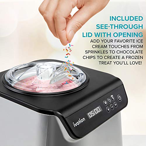 Ivation Automatic Ice Cream Maker Machine, No Pre-freezing Necessary with Built-in Compressor, Stainless Steel Gelato Maker, LCD Screen, Digital Timer, Removable Bowl, Clear Lid